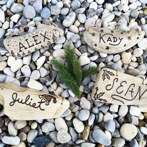 Personalized Driftwood Christmas Ornaments Hand engraved custom rustic wood xmas ornament, family name couple first Christmas beach decor
