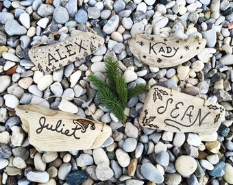 Personalized Driftwood Christmas Ornaments: Hand Engraved, Custom Rustic Wood Xmas Ornament, Family Name, Couple First Christmas, Gift Tag