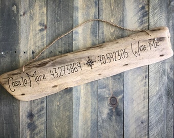 Rare, Ancient, Old Growth Driftwood Sign | Custom GPS Coordinates, Coastal Beach House, Housewarming Lake Decor Wedding Father's Day Gift