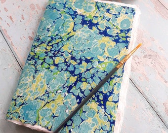 Artists Watercolor Sketchbook | A5/ A6 / A7 Handmade Art Journal | Blue Green Marble Recycled Cotton Rag Paper Watercolour Gouache Acrylic