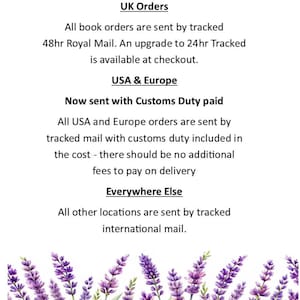 May include: A document with black text on a white background titled Shipping Information, detailing delivery policies for UK, USA, Europe, and other locations, featuring a decorative border of purple lavender flowers and green leaves at the bottom.