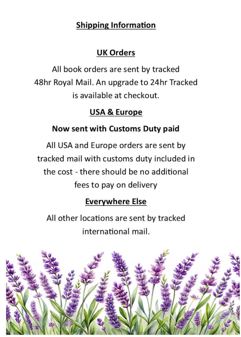 May include: A document with black text on a white background titled Shipping Information, detailing delivery policies for UK, USA, Europe, and other locations, featuring a decorative border of purple lavender flowers and green leaves at the bottom.