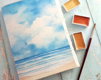 Cuaderno de bocetos de acuarela para artistas / A5 / A6, diario de arte hecho a mano / Papel de algodón reciclado. Acuarela, gouache y acrílico. Playa.