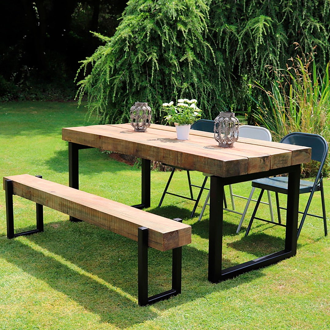 Industrial Outdoor Sleeper Table – Box Frame X Matching Bench