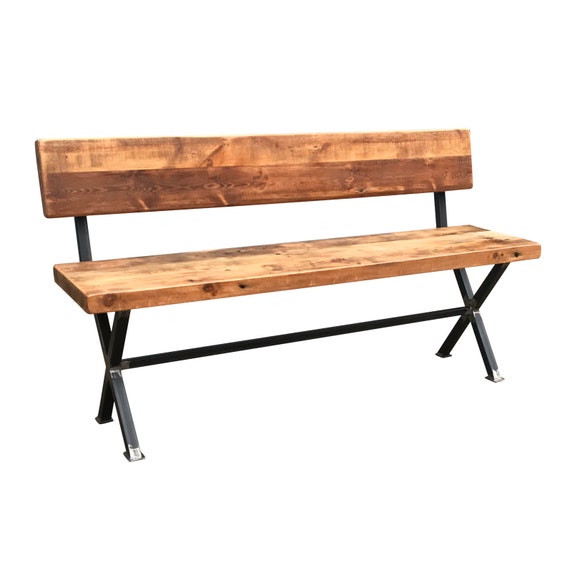 Industrial Reclaimed Wood Bench With Back X Frame
