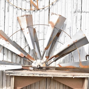 May include: A weathered metal windmill with a rustic design. The blades are a mix of gray and white with visible rust, mounted on a wooden structure against a white wooden wall. The windmill is a decorative piece.