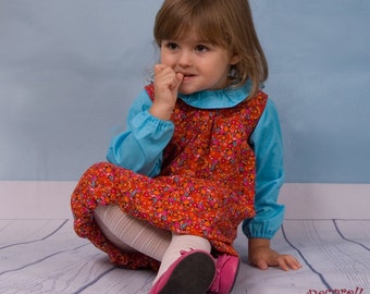 Bubble dress in red corduroy cotton, printed with "flowers"