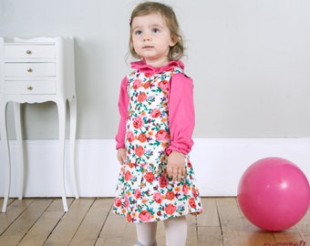 Baby pinafore dress in white printed "flower" corduroy cotton