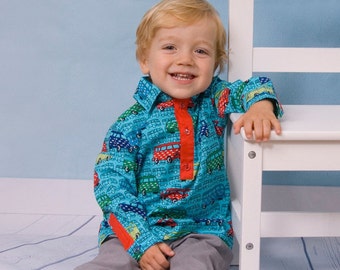 Longe sleeve baby shirt "tunic" in turquoise cotton, printed motif "big bus"