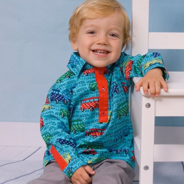 Chemise bébé "tunique" en coton turquoise, imprimé motif "grand bus"