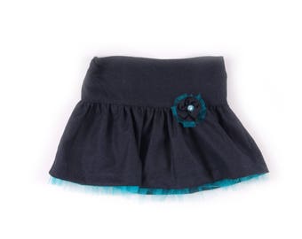 Girls skirt in navy flannel with turquoise tulle