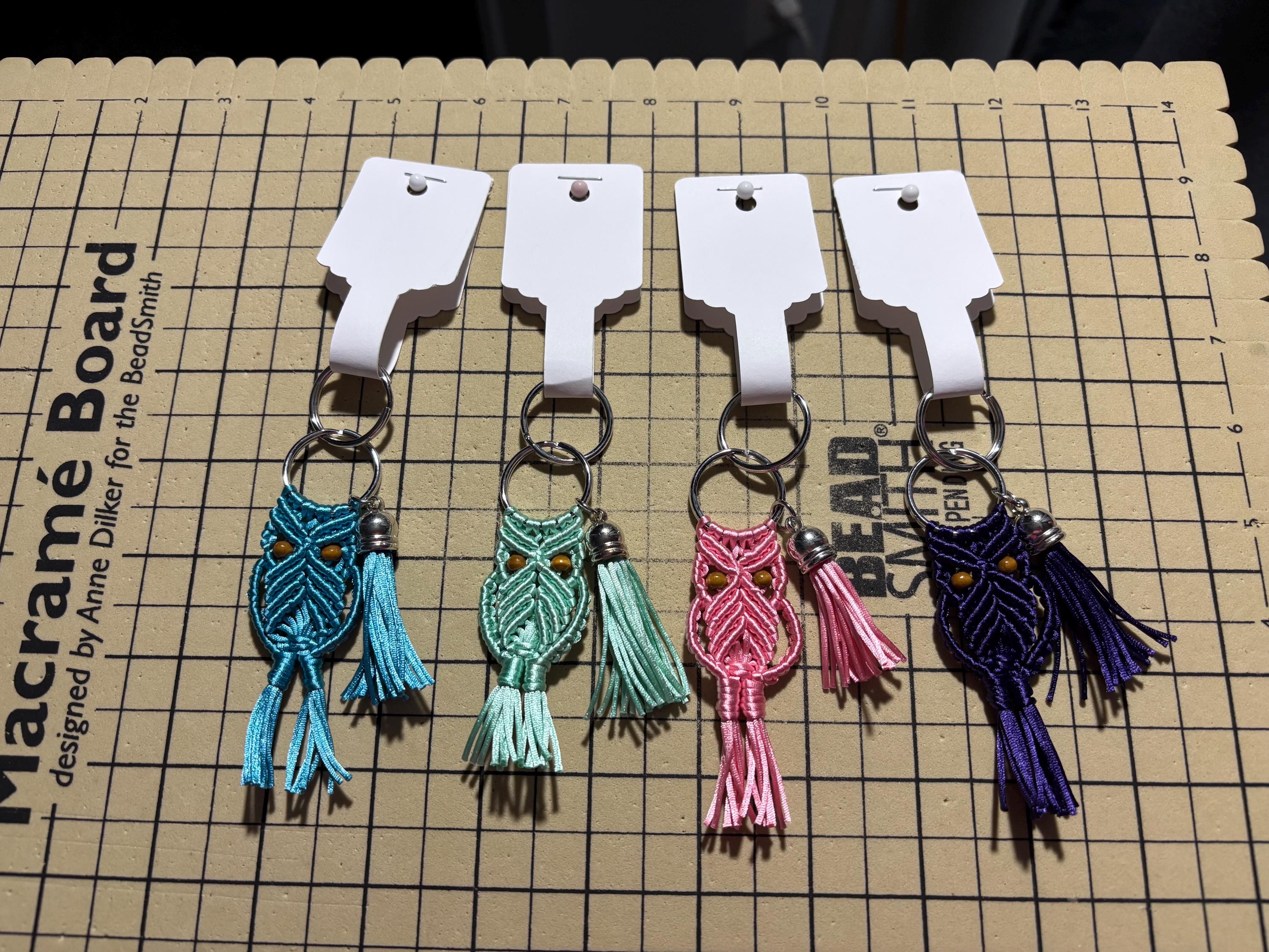 4 Handmade Macram&eacute; Owl Keychains