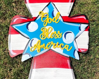 Patriotic cross door hanger, God Bless America, 4th of July door hanger, Memorial Day Door hanger, Flag door hanger