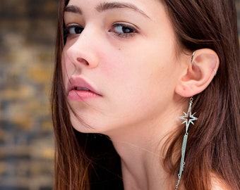 NEBULA//  Silver dangle ear cuff, Pave star charm, Small stars, Long chain. Wrap earring, Gift