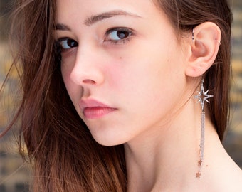 NEBULA//  Silver dangle ear cuff, Pave star charm, Small stars, Long chain. Wrap earring, Gift