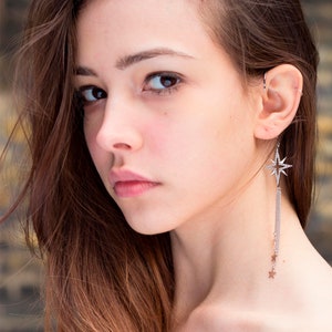 NEBULA// Silver dangle ear cuff, Pave star charm, Small stars, Long chain. Wrap earring, Gift image 2