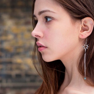 NEBULA// Silver dangle ear cuff, Pave star charm, Small stars, Long chain. Wrap earring, Gift image 3