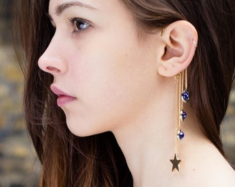 Blue MOON ECLIPSE//  Gold dangle ear cuff, Gold stars, Silver moon & blue shadows, Wrap earring.