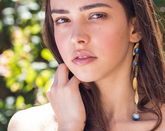 AZURE// Gold dangle ear cuff, Light Gold leaf, Gold trace on blue/white globes, Long chain