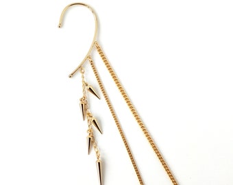 DIVINE// Gold dangle ear cuff, Long chain ear cuff, Gold spikes, wrap earring, No piercing