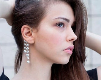 PANDRA'S BOX//  Silver dangle ear cuff, White cotton pearls, Ear cuff no piercing, Wrap earring.