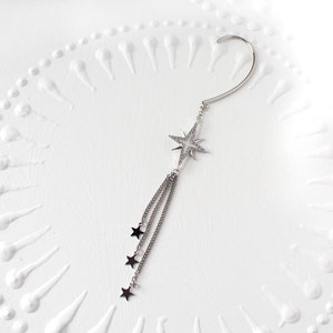 NEBULA// Silver dangle ear cuff, Pave star charm, Small stars, Long chain. Wrap earring, Gift image 6