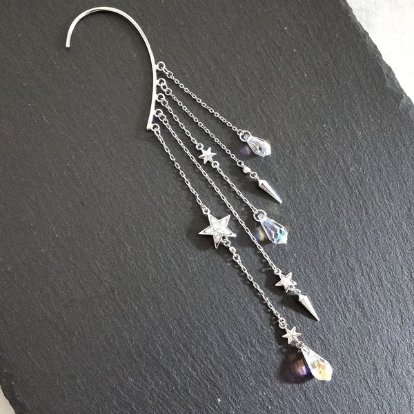 CASSIOPEIA//Swarovski star charm & crystal AB drop, Chain, Silver dangle ear cuff, Wrap earring