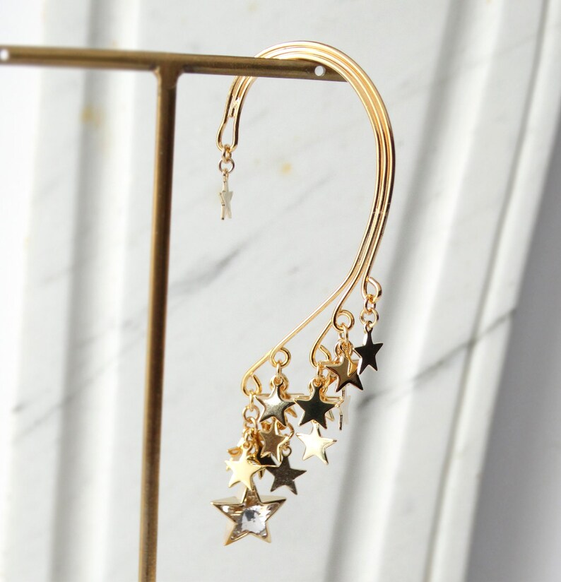 STAR LIGHTS// Gold dangle ear cuff, Swarovski crystal star, Star cluster, Wrap earring, Great Gift image 4