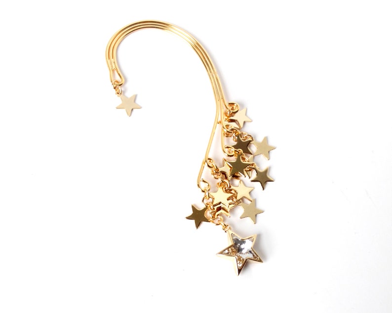 STAR LIGHTS// Gold dangle ear cuff, Swarovski crystal star, Star cluster, Wrap earring, Great Gift image 2