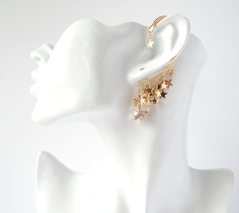 STAR LIGHTS// Gold dangle ear cuff, Swarovski crystal star, Star cluster, Wrap earring, Great Gift image 5