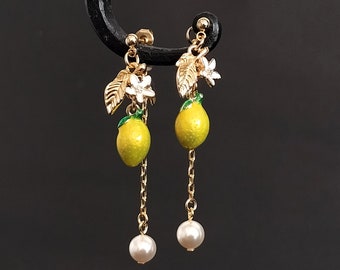 LEMON// Gold earrings, Yellow lemon and white flower, Swarovski pearl, dangle earrings, ear-jacket, nature earrings, great gift