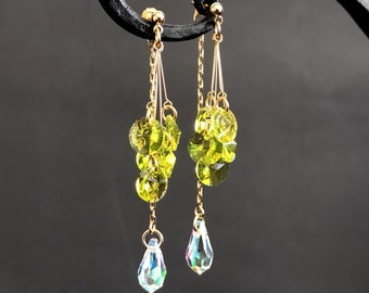 CITRUS GREEN// Gold earrings, Citrus green and Crystal AB Swarovski crystal, dangle earrings, ear-jacket, long chain earrings, great gift