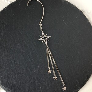 NEBULA// Silver dangle ear cuff, Pave star charm, Small stars, Long chain. Wrap earring, Gift image 5