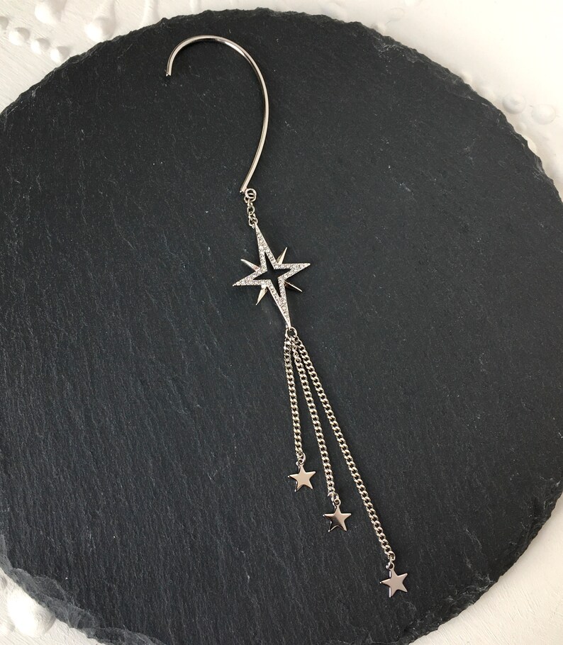 NEBULA// Silver dangle ear cuff, Pave star charm, Small stars, Long chain. Wrap earring, Gift image 5