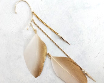 FEATHER FUNK// Gold dangle ear cuff, Light beige gold dusted feathers, Spikes, Long chain. Ear wrap.