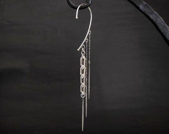 LINK// Silver dangle ear cuff, Long flat snake chain, Long silver spikes, Wrap earring, No piercing