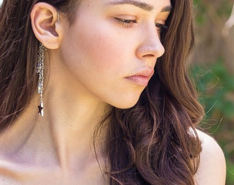 COSMOS//  Silver dangle ear cuff, Star connector, Long chain, Star charm. Wrap earring, Gift