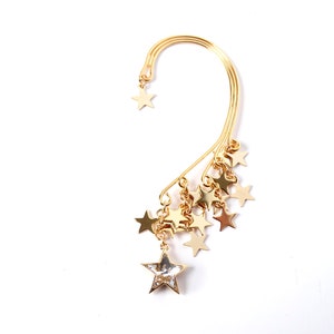 STAR LIGHTS// Gold dangle ear cuff, Swarovski crystal star, Star cluster, Wrap earring, Great Gift image 1