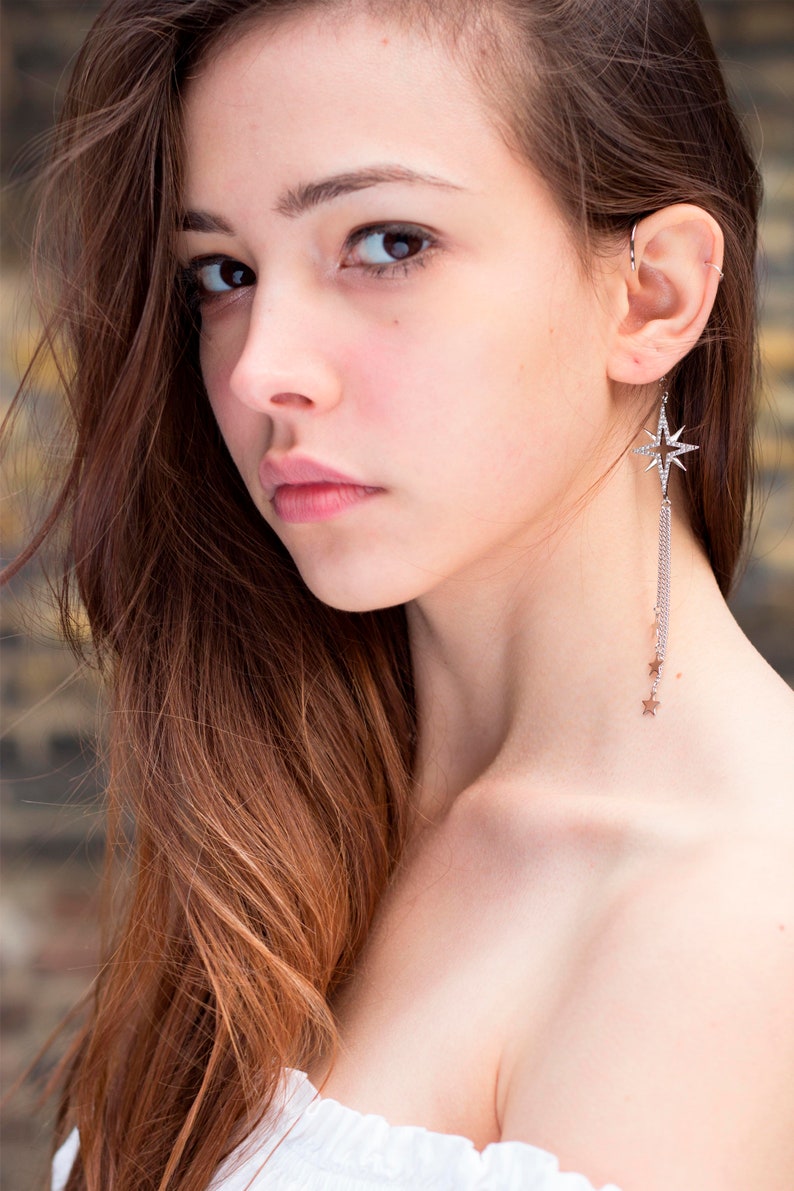 NEBULA// Silver dangle ear cuff, Pave star charm, Small stars, Long chain. Wrap earring, Gift image 2