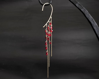 FANTASIA//  Swarovski Crystal Light Red, Gold dangle ear cuff, Long chain, Wrap earring, Great gift.