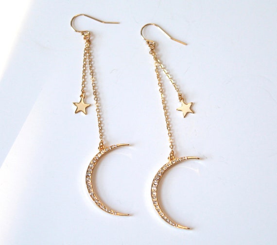 celestial earrings gift for her moon and star earrings northern star earrings free shipping gold star dangle Crescent moon earrings