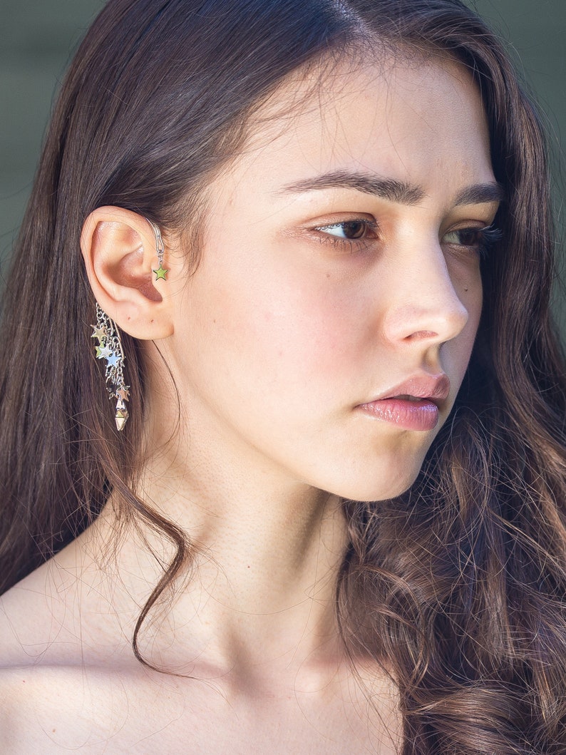 STAR LIGHTS// Gold dangle ear cuff, Swarovski crystal star, Star cluster, Wrap earring, Great Gift image 6