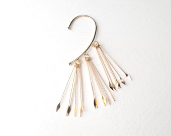 AETEMIS//  Gold dangle ear cuff, Long spears, Wrap earring, Minimalist ear cuff, Wild Look.