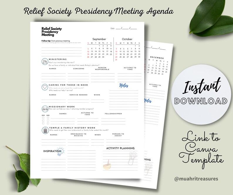 Relief Society Presidency Meeting Agenda RS Meeting Agenda Etsy