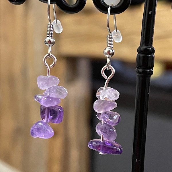 Boucles d’oreilles pendante en perle pierre naturelle améthyste violet mauve véritable amethyste