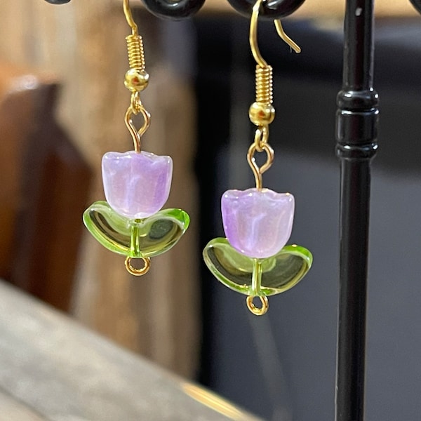 Golden purple tulip flower earrings