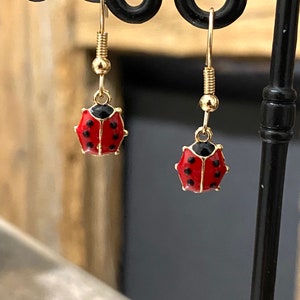 Peut inclure: Une paire de boucles d'oreilles coccinelle. Chaque boucle d'oreille présente une coccinelle rouge avec des points noirs et une tête noire, suspendue à un crochet doré. Les boucles d'oreilles sont présentées sur un fond flou.