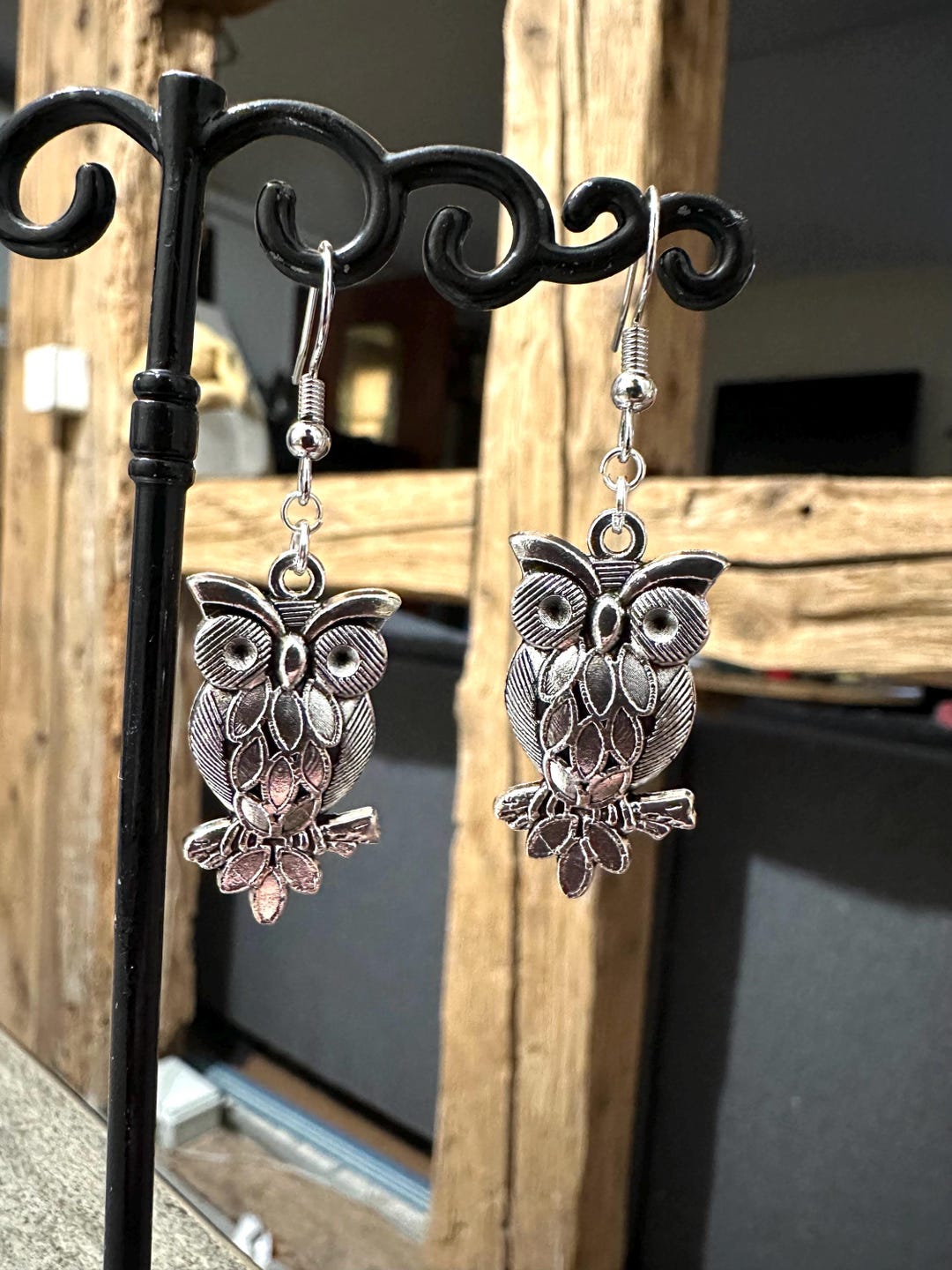 Boucles D'oreilles Pendantes Chouette Articulée En Métal Argenté - Modèle Neuf Sans Emballage