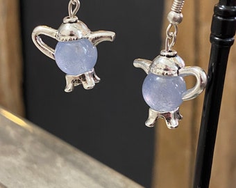 Metal earrings small teapot and pearl natural stone light blue kettle