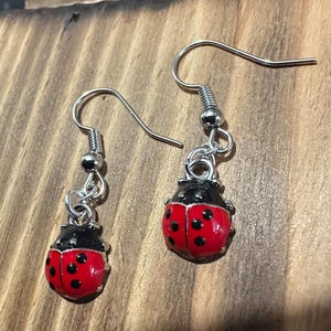 Puede incluir: Un par de pendientes de mariquita. Cada pendiente presenta un cuerpo rojo con lunares negros y una cabeza negra. Los pendientes tienen ganchos para las orejas plateados.